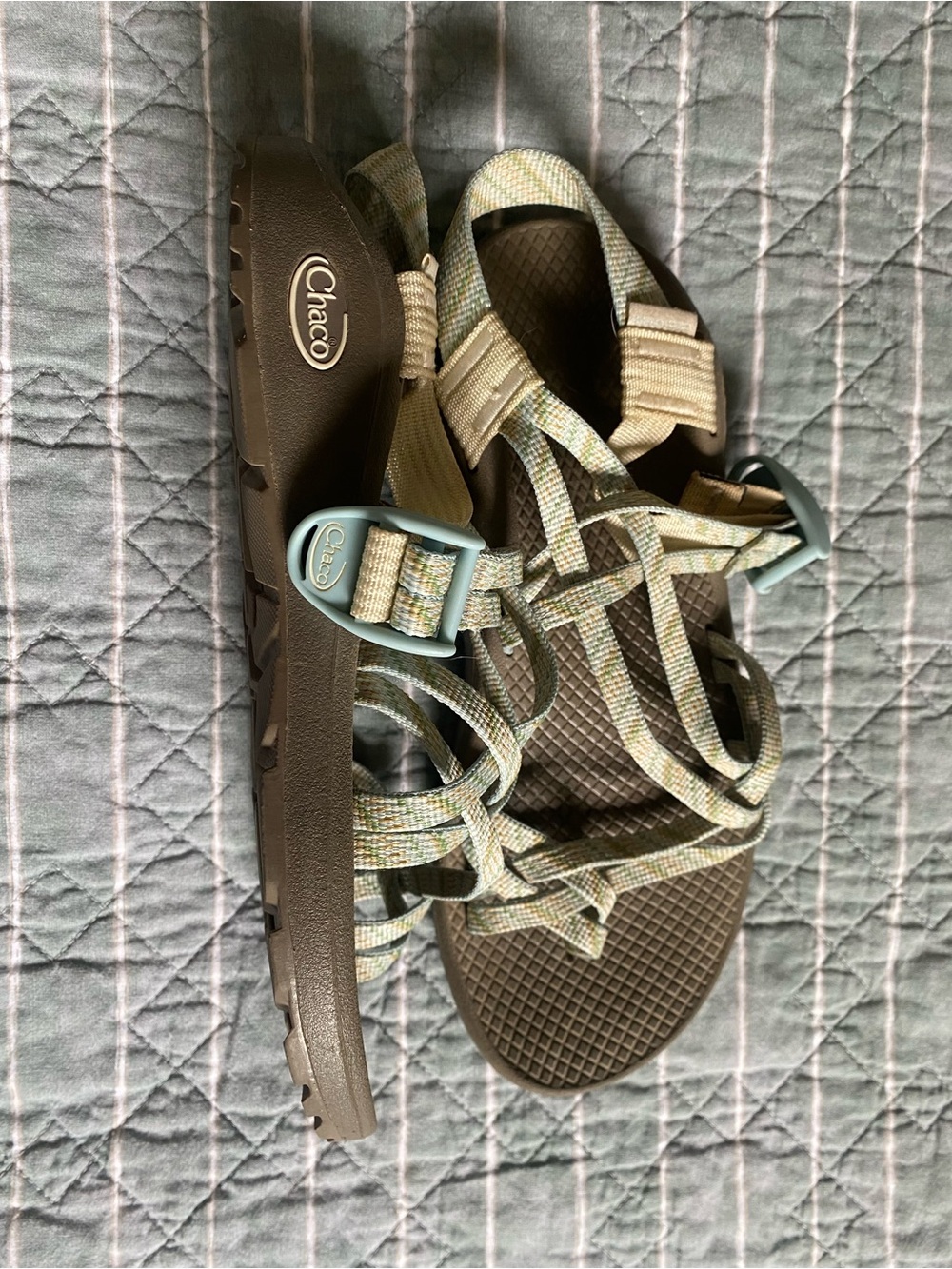 EUC Chaco ZX2 Cloud comfort sandals Trim Papyrus beige, light blue, & green 8 - Picture 3 of 6